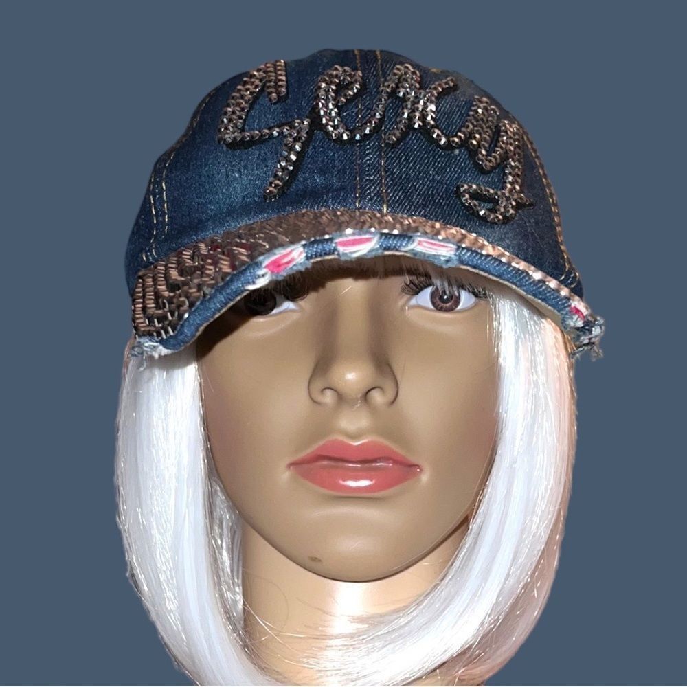 Awesome distressed jean cap with sexy on front and sparkly!